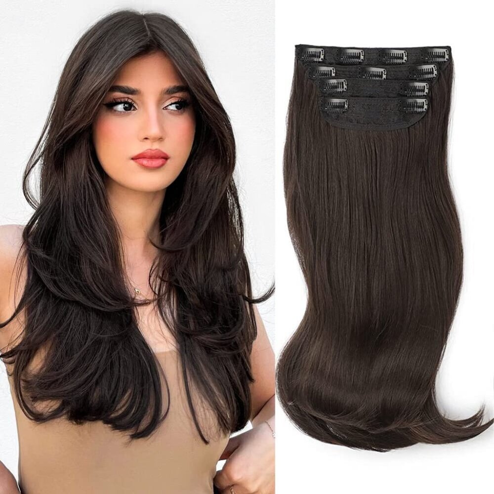 Dark Brown Hair Extensions Long Layered Clip In 20 Inch Natural Style